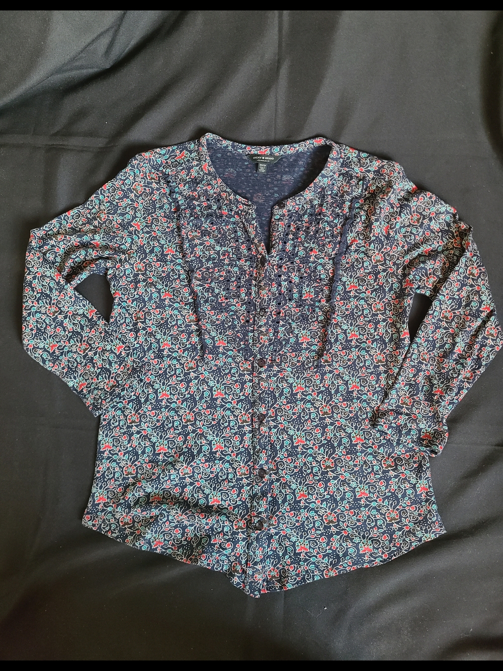 Lucky Brand Floral Eyelet Top Button Down Blouse XS